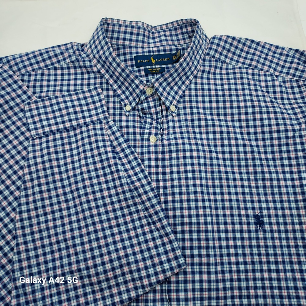 Ralph Lauren Mens 3XLT Blue Pink Plaid Cotton Stretch Button Down Shirt Big Tall